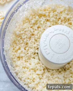 Crispy Cauliflower Pizza Crust 16 Pulsed cauliflower in a food processor until rice texture is created.