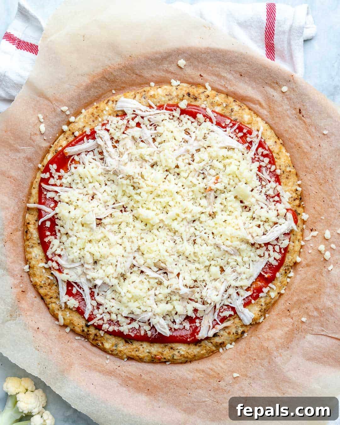 Crispy Cauliflower Pizza Crust 10 Add sauce and toppings and bake until melted.