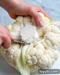 Healthy and Delicious Cauliflower Alfredo Sauce 11 coring the cauliflower with knife