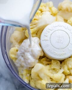 Healthy and Delicious Cauliflower Alfredo Sauce 17 pouring milk over cauliflower in the food processor
