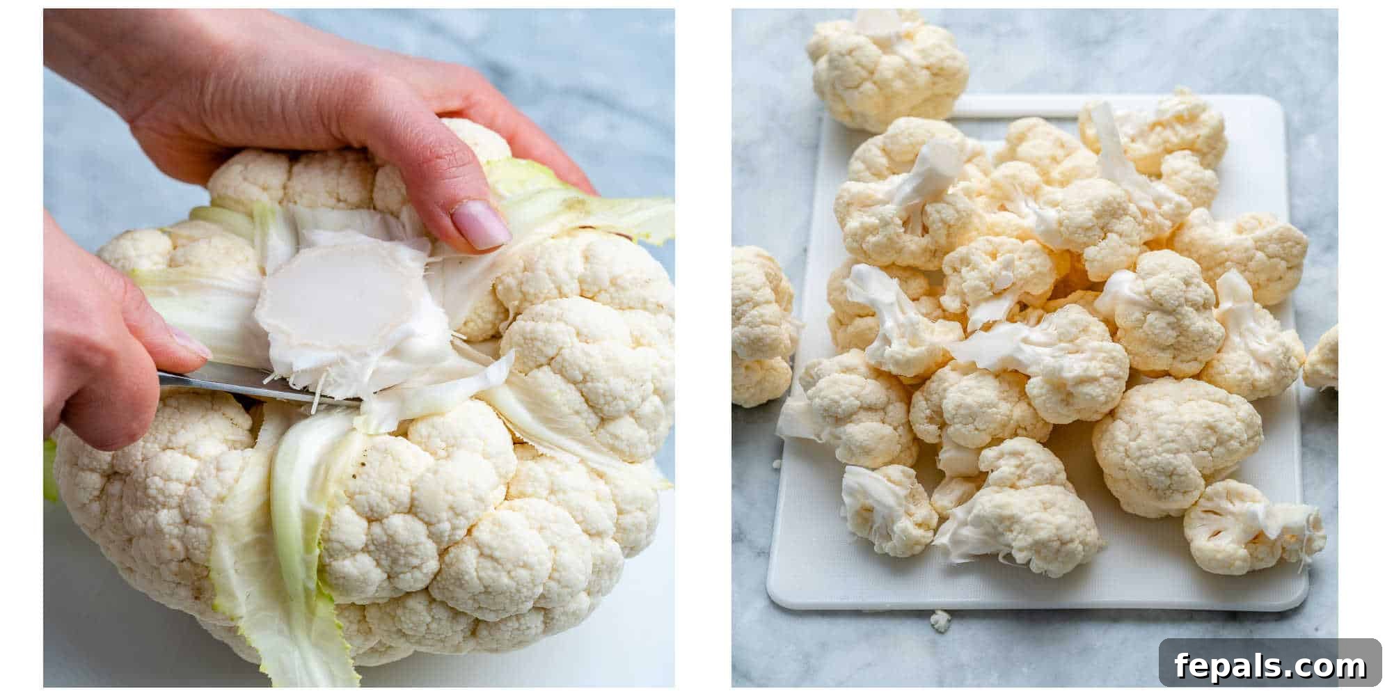 Healthy and Delicious Cauliflower Alfredo Sauce 3 Collage showing whole cauliflower and chopped cauliflower florets