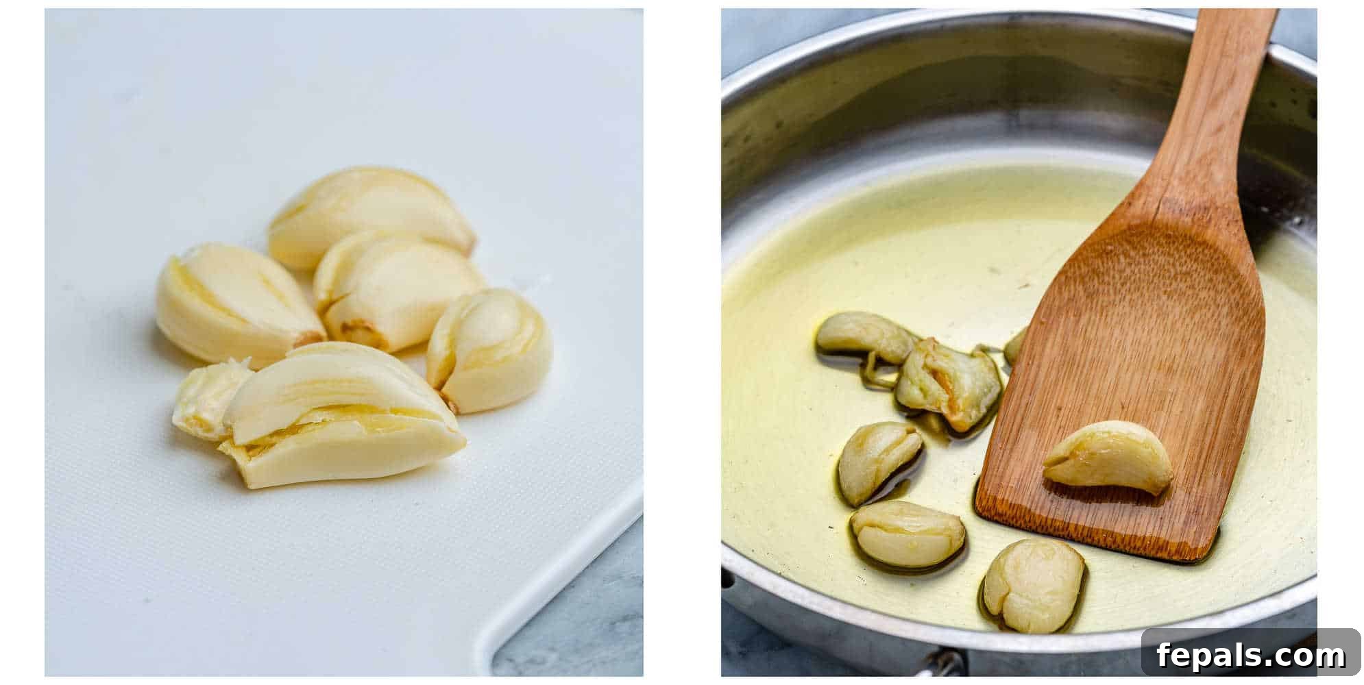 Healthy and Delicious Cauliflower Alfredo Sauce 4 Collage showing crushed garlic and garlic cooking in a skillet with oil