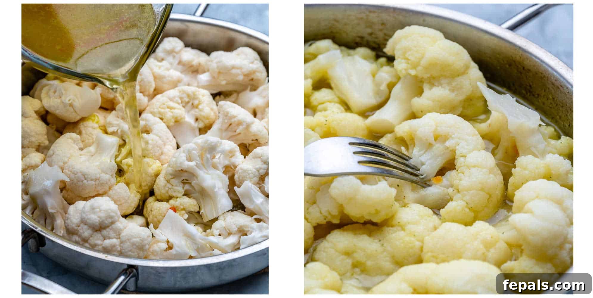 Healthy and Delicious Cauliflower Alfredo Sauce 5 Collage showing vegetable broth being poured over cauliflower and cooked cauliflower florets