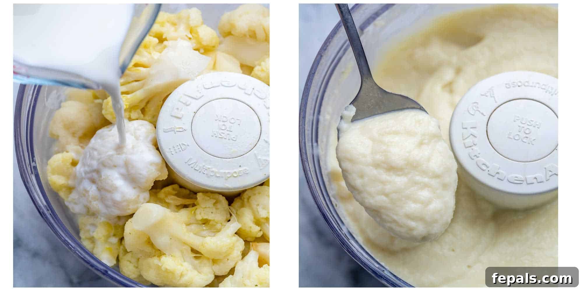 Healthy and Delicious Cauliflower Alfredo Sauce 6 Collage showing milk being poured over cauliflower in a food processor and the resulting smooth, blended sauce