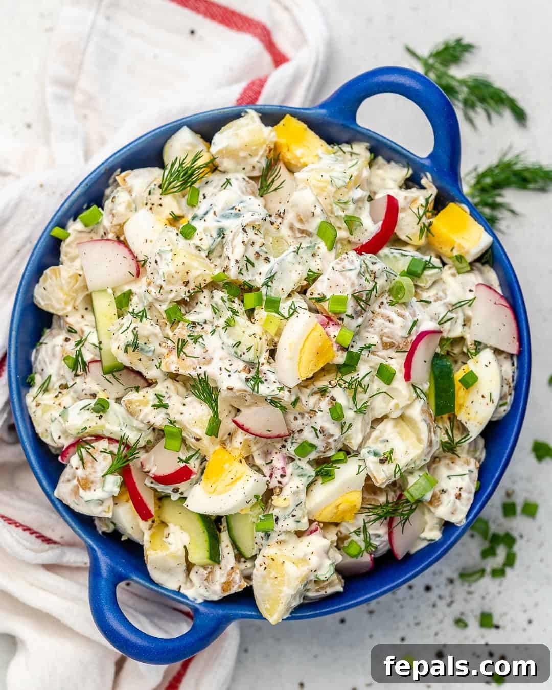 creamy potato salad recipe made with radish eggs and cucumber