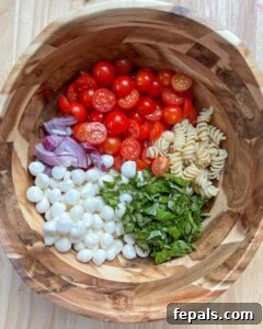 pasta, mozzarella cheese, sliced tomatoes, chopped basil, and sliced onions in a bowl.