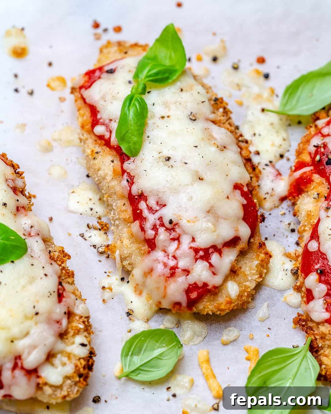 Crispy Air Fryer Chicken Parmesan 6 Healthy chicken parmesan recipe with fresh basil garnish