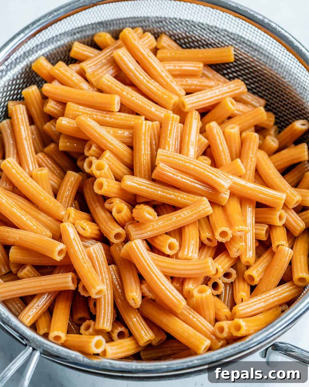 Sun-Kissed Southwest Pasta 3 Freshly cooked pasta being rinsed under cold water in a colander, ready for the Southwest pasta salad.