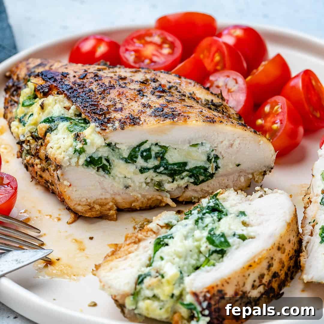Creamy Spinach and Cheese Stuffed Chicken 2 Spinach and Ricotta stuffed chicken cut in half, showcasing the creamy filling
