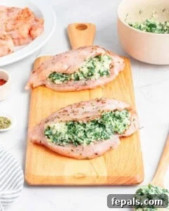 Spinach and cream filling stuffed in a chicken breast.