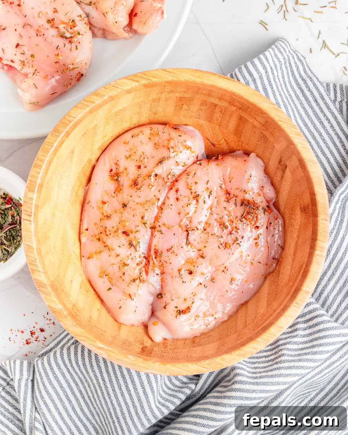 Creamy Spinach and Cheese Stuffed Chicken 5 Chicken breasts generously rubbed with marinade in a bowl, ready for chilling.