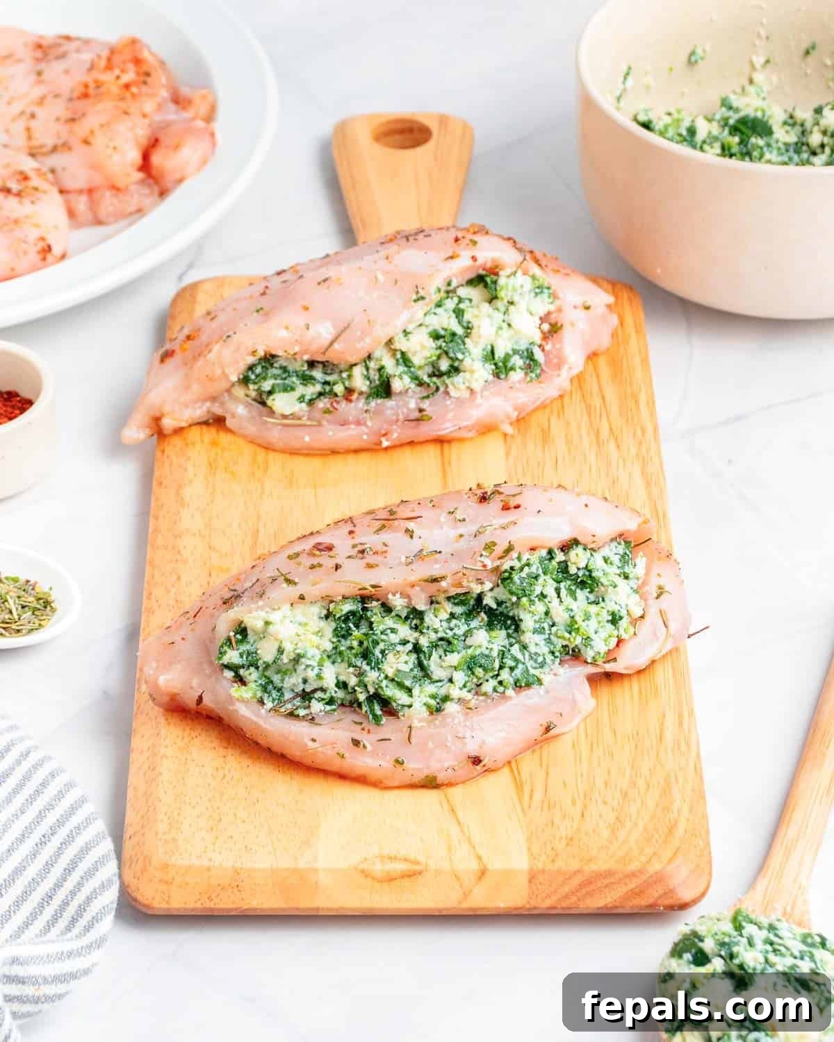 Creamy Spinach and Cheese Stuffed Chicken 7 Spinach and cheese filling carefully stuffed into a chicken breast pocket.