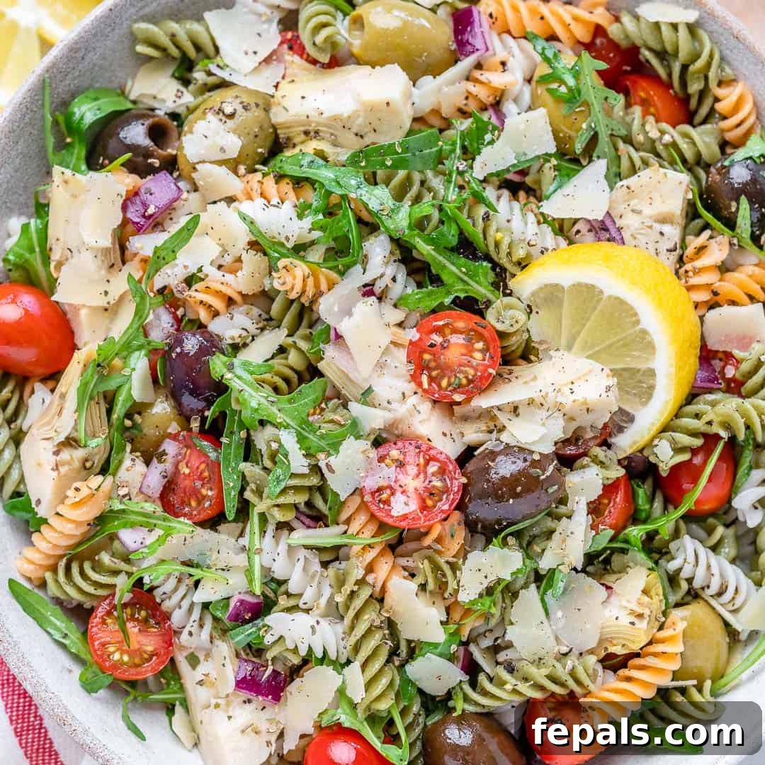 easy vegetarian pasta salad with olives arugula and artichoke