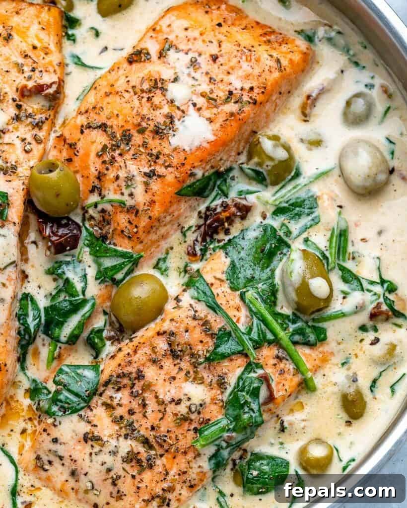 Close-up top-down shot of Creamy Tuscan Salmon in a skillet, showcasing the rich sauce and fresh ingredients.