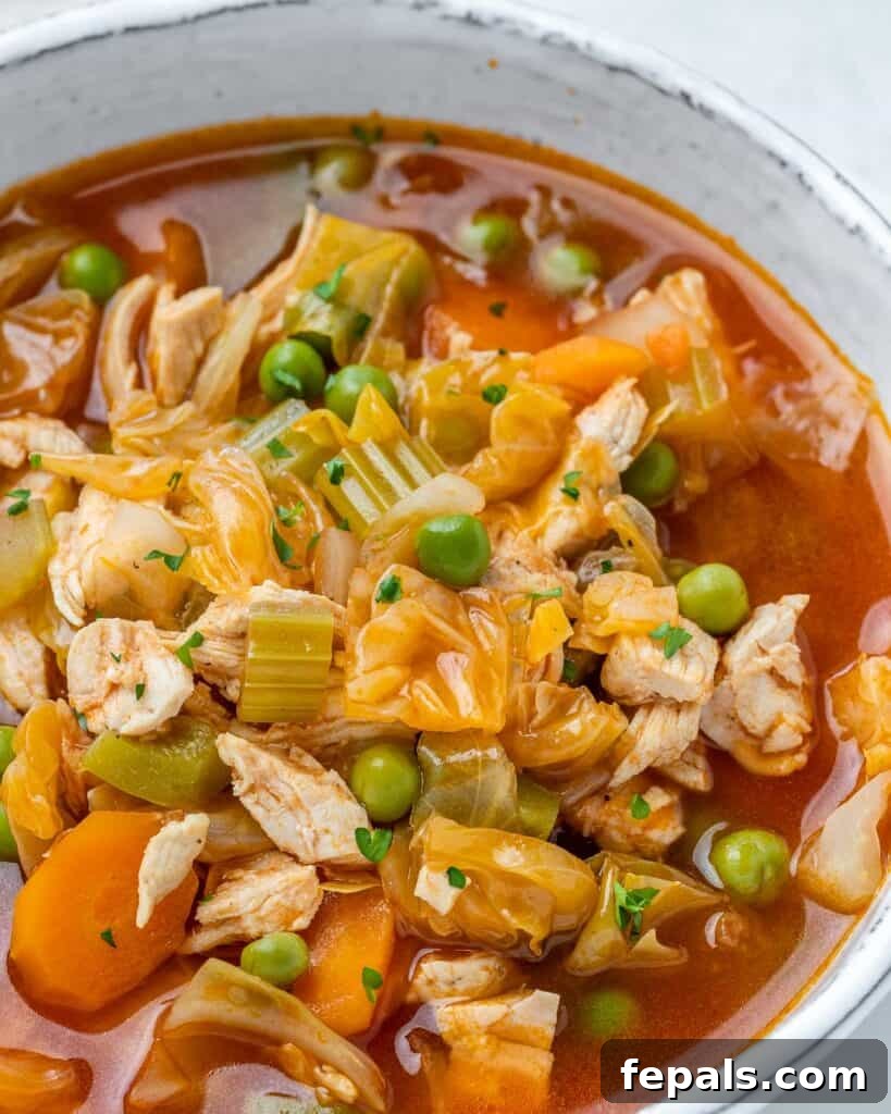 Top view of a generously sized bowl of chicken and cabbage soup, featuring peas and carrots.