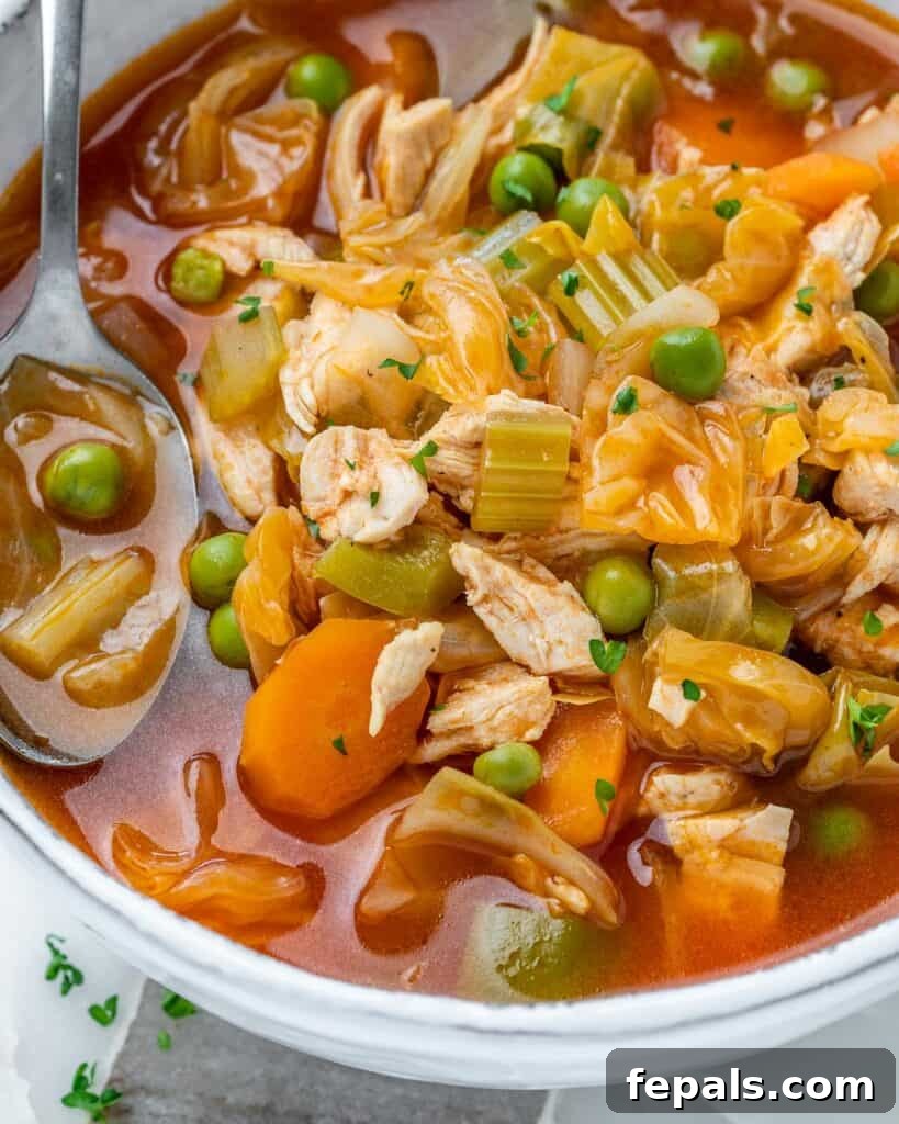 A vibrant bowl of chicken and vegetable soup featuring cabbage, carrots, and peas.