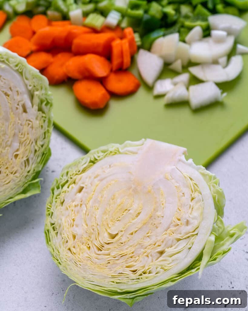 A head of cabbage cut in half, surrounded by other chopped vegetables, prepared for making delicious cabbage soup.