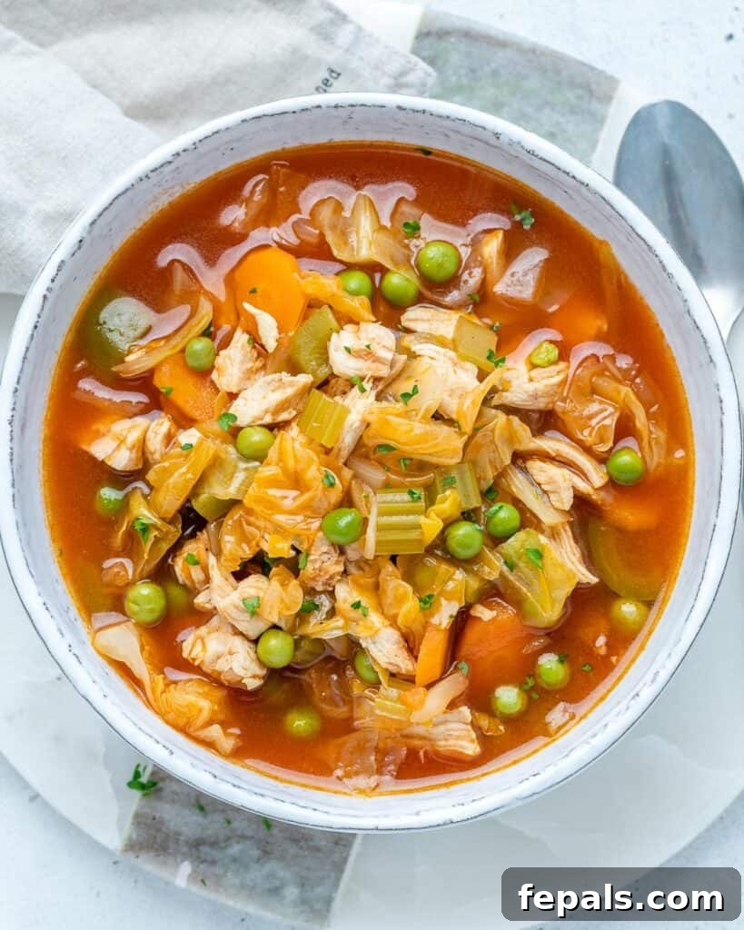 A comforting bowl of chicken and cabbage soup, generously filled with tender chicken and an assortment of vegetables.