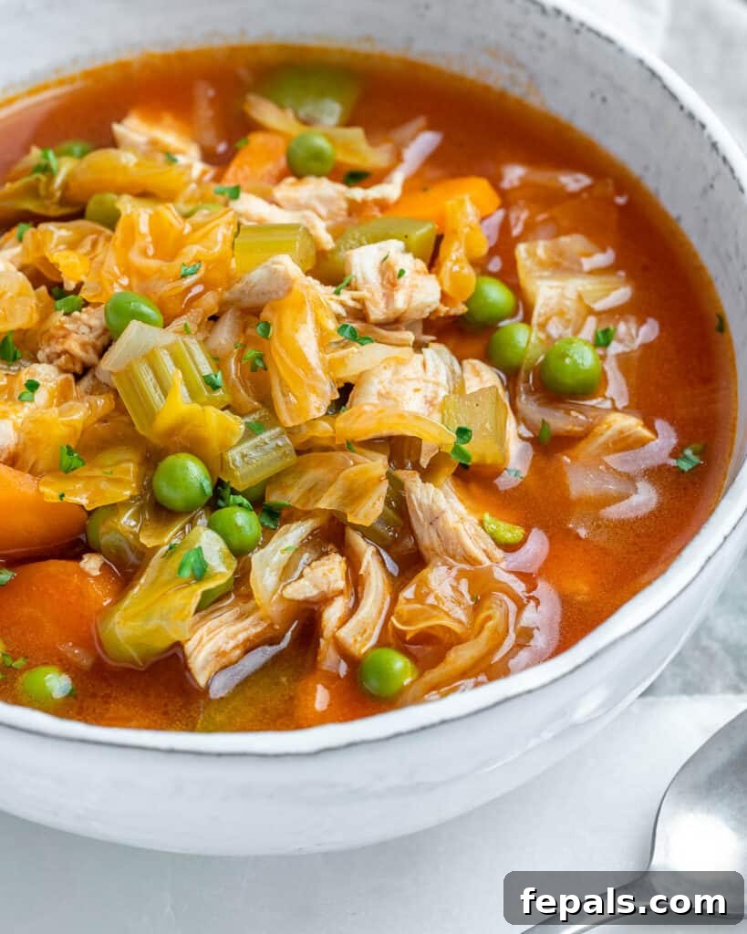 Side view of a steaming bowl of chicken and vegetable soup, showcasing its rich texture and ingredients.