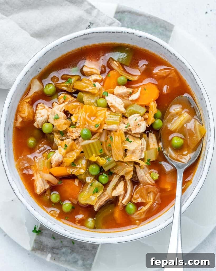 A white bowl brimming with hearty cabbage and chicken soup, complete with a spoon for easy enjoyment.