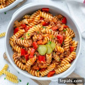 Cheeseburger Pasta in white bowl.
