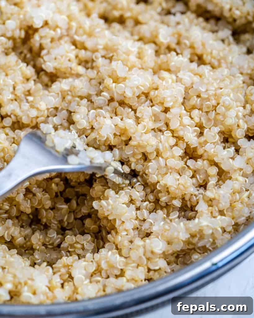 Vibrant Quinoa Black Bean Herb Bowl 5 cooked quinoa in bowl with fork in it to cool off