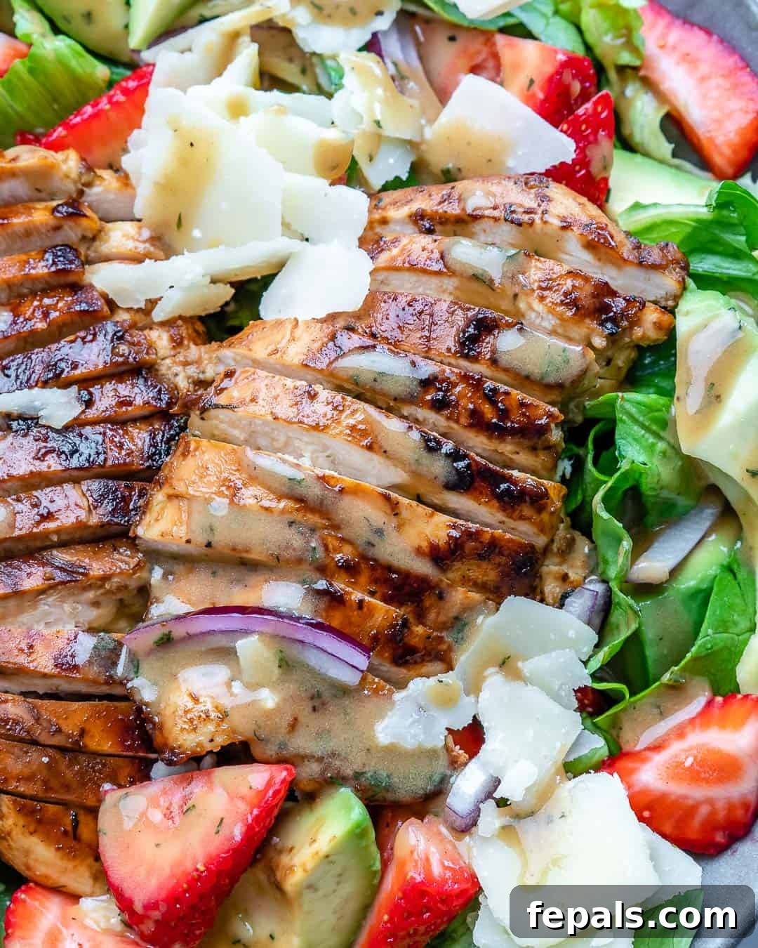 Vibrant Strawberry Chicken Salad 3 close up chicken view on the salad