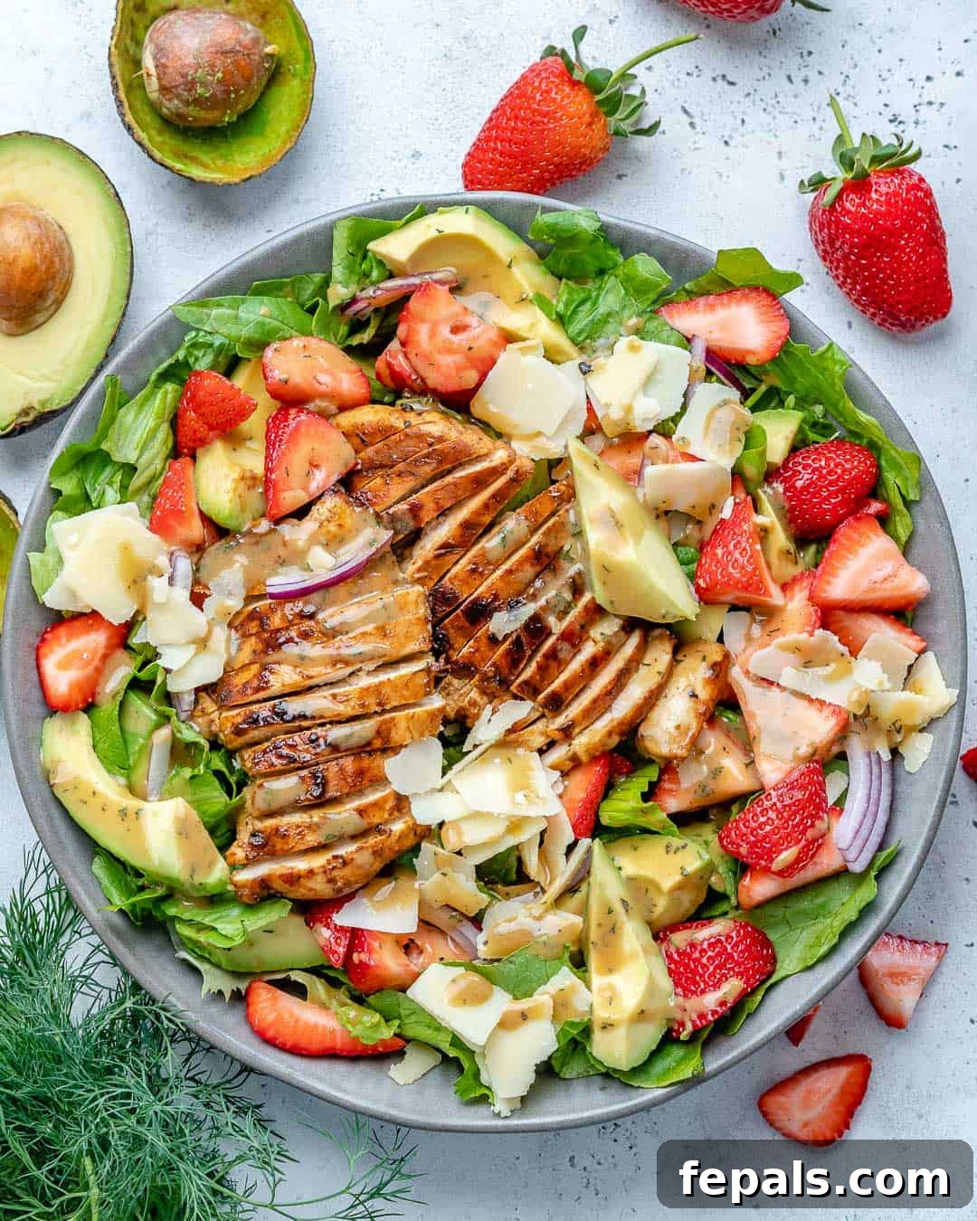 Vibrant Strawberry Chicken Salad 8 top view chicken salad with garnishes on the side of the bowl like strawberries, dill, and avocado