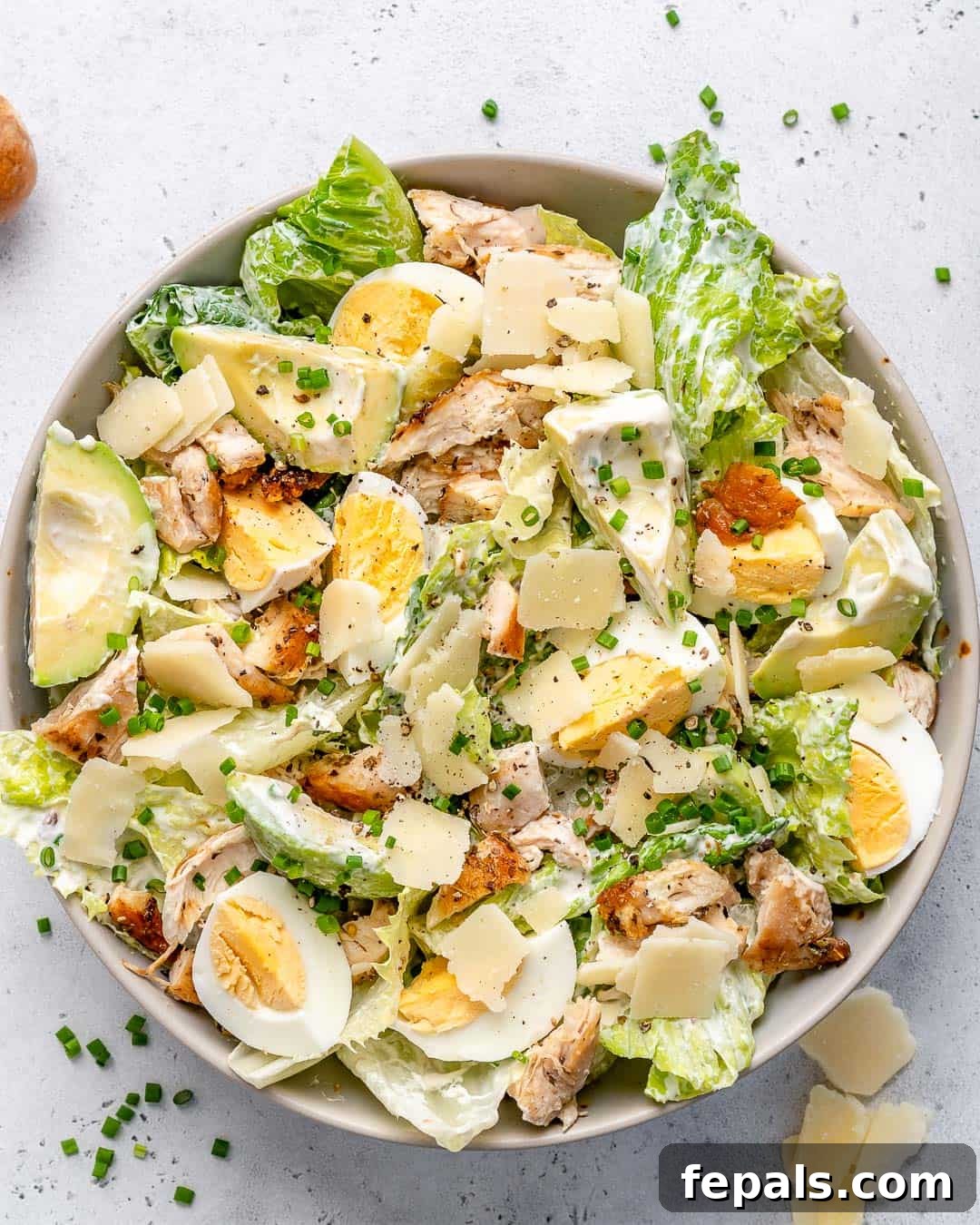 Guilt-Free Chicken Caesar Salad 2 top view chicken salad in a white bowl