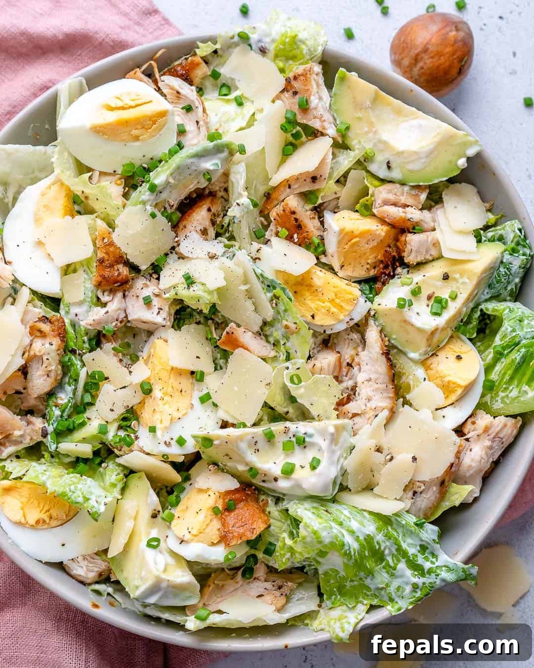 Guilt-Free Chicken Caesar Salad 6 top view of salad bowl
