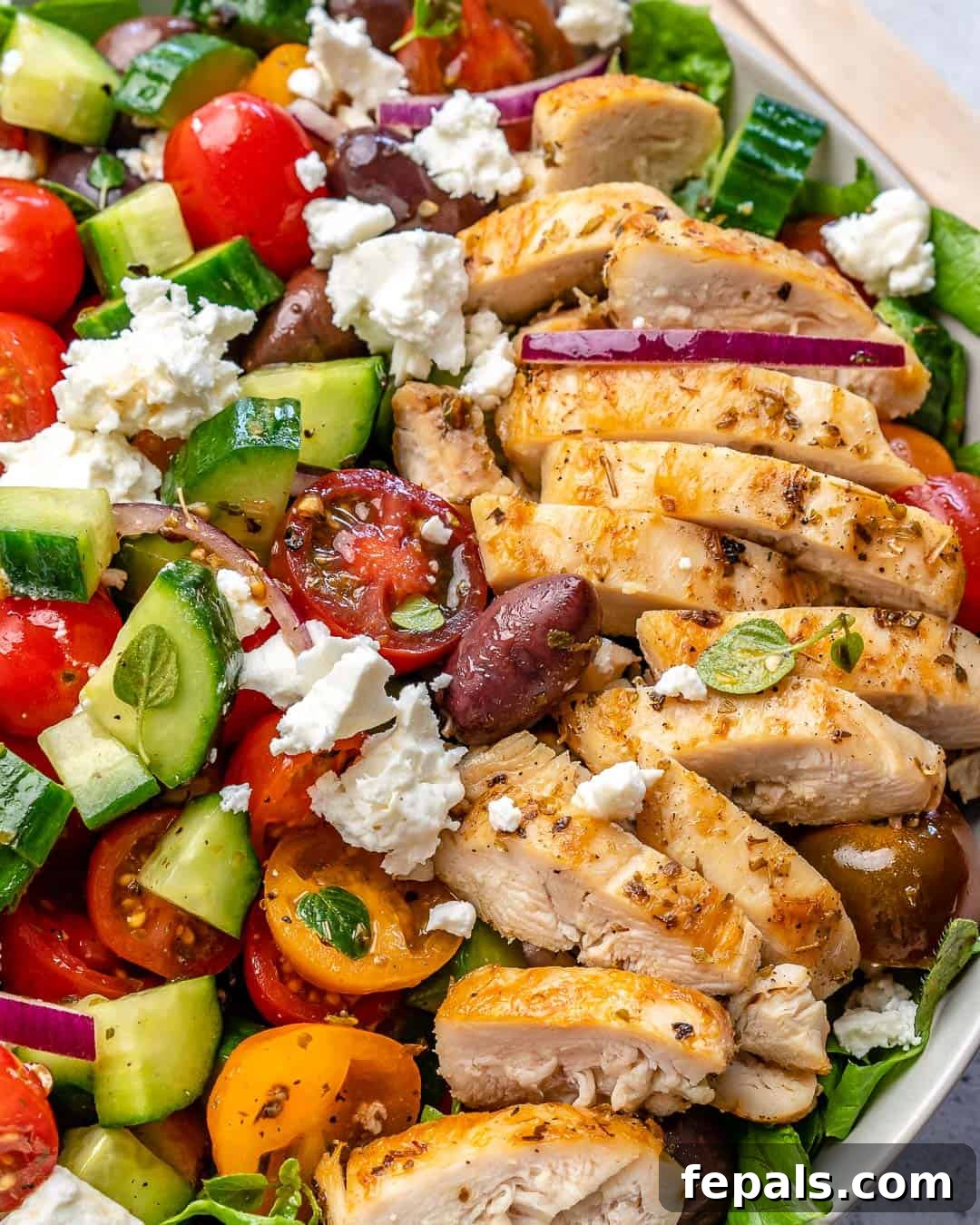 Zesty Mediterranean Chicken Salad 8 Close-up view of a generous serving of Greek Chicken Salad, showcasing its fresh ingredients, vibrant dressing, and varied textures, ready to be savored.