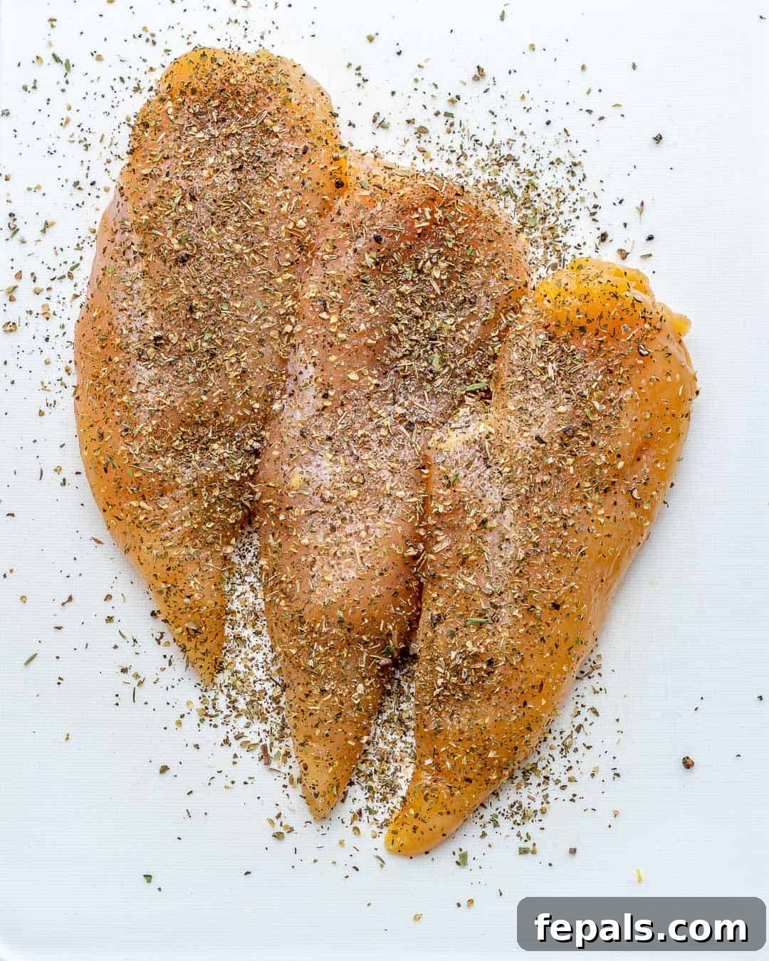 Creamy Tuscan Chicken Delight 3 Raw chicken breasts generously seasoned with paprika, garlic powder, Italian seasoning, salt, and pepper on a cutting board, ready for cooking.