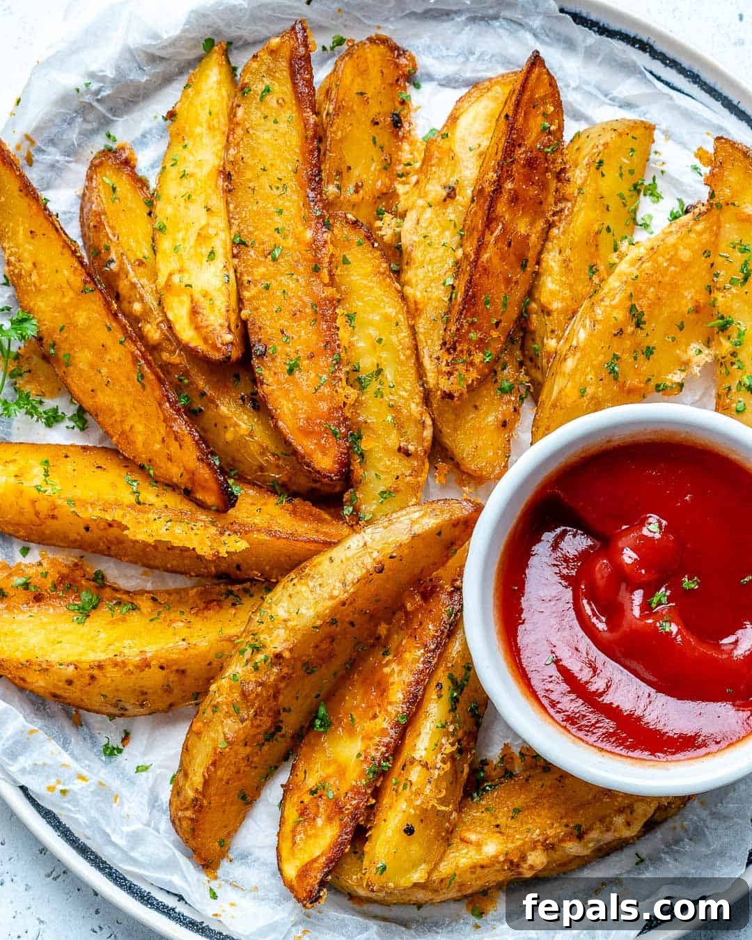 top view potato wedges on a plate with side of ketchup