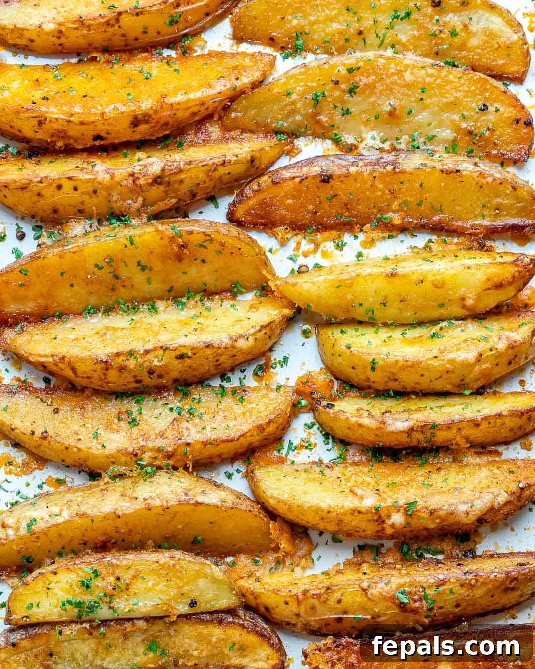 Crispy Parmesan Potato Wedges 3 Top view bakes potato wedges on a sheet pan