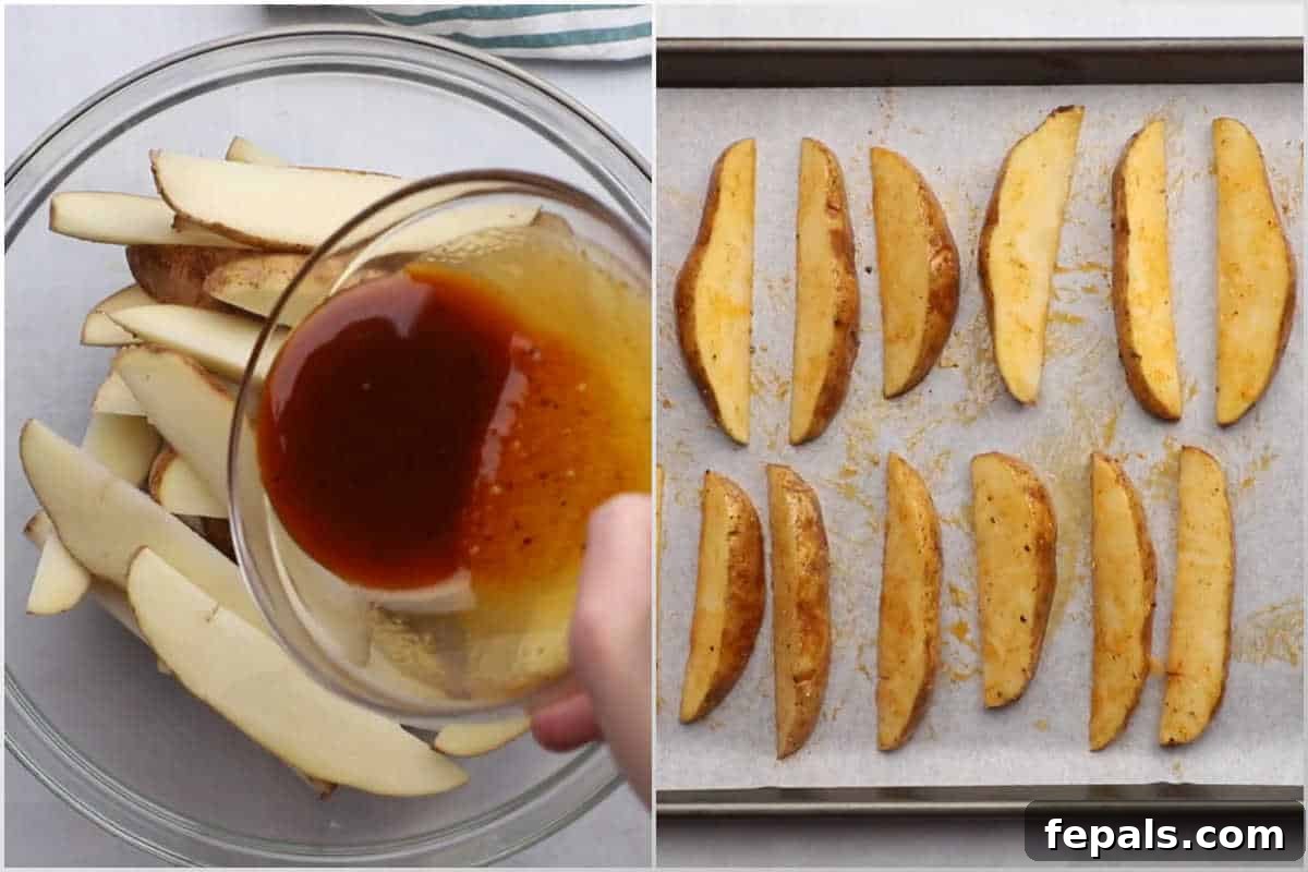 Crispy Parmesan Potato Wedges 4 Process shot to add seasoning to the potato wedges, and adding it to the sheet pan.