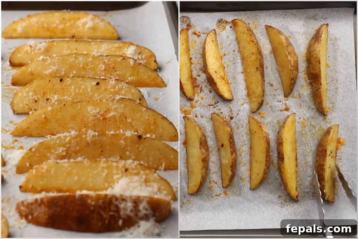 Crispy Parmesan Potato Wedges 5 process shot adding parmesan over the potato wedges and baking.
