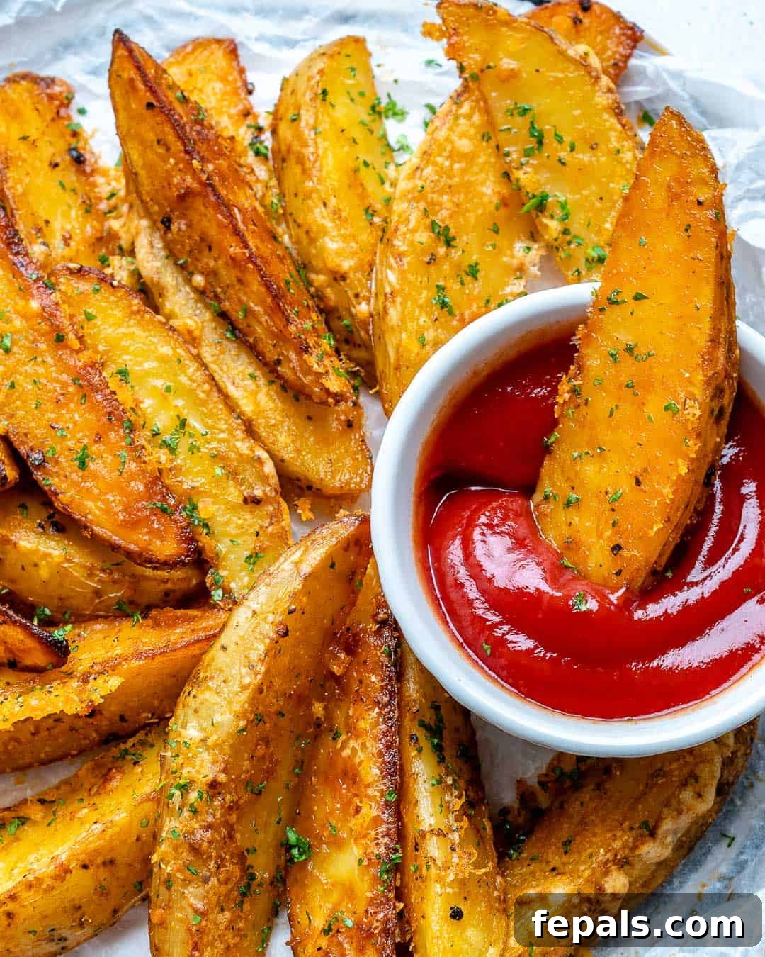 Crispy Parmesan Potato Wedges 6 top view potato on a plate with one potato wedge in ketchup cup on the right