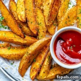 Crispy Parmesan Potato Wedges 7 baked potato wedges with a side of ketchup in a small white bowl.