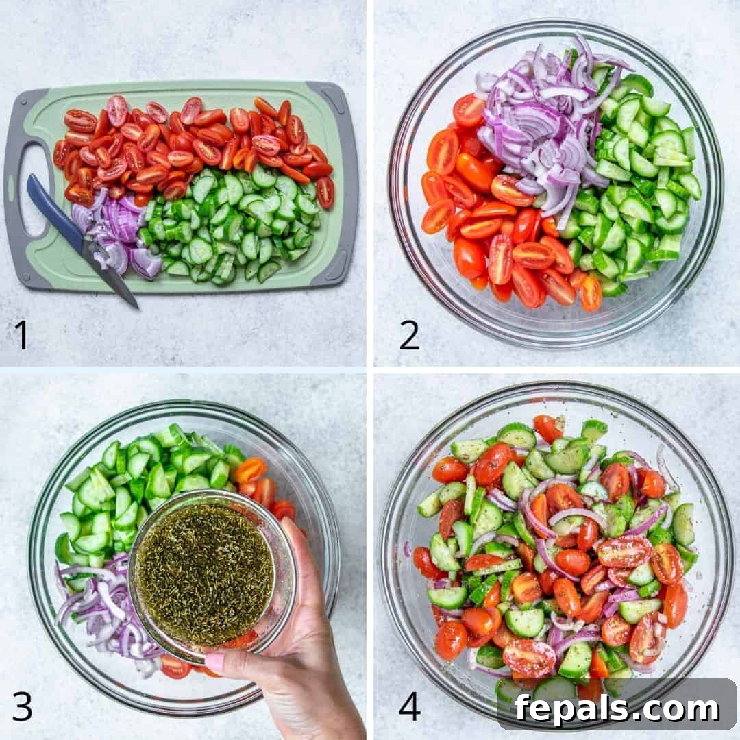 Summer's Delight Salad 4 A visual collage illustrating the easy steps to prepare the fresh cucumber and tomato salad, from chopping to mixing.
