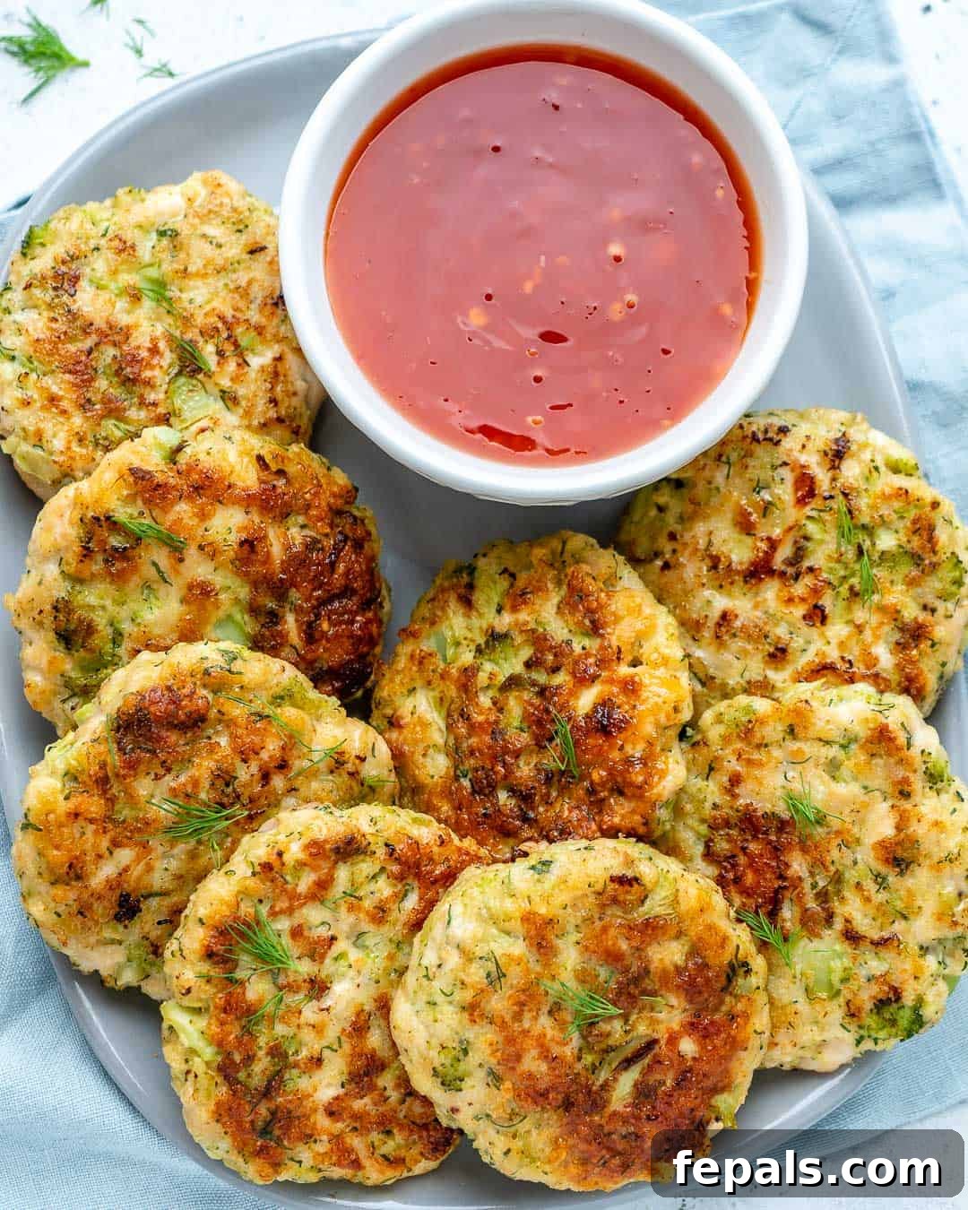Savory Chicken & Broccoli Bites 2 top view of chicken fritters on a plate