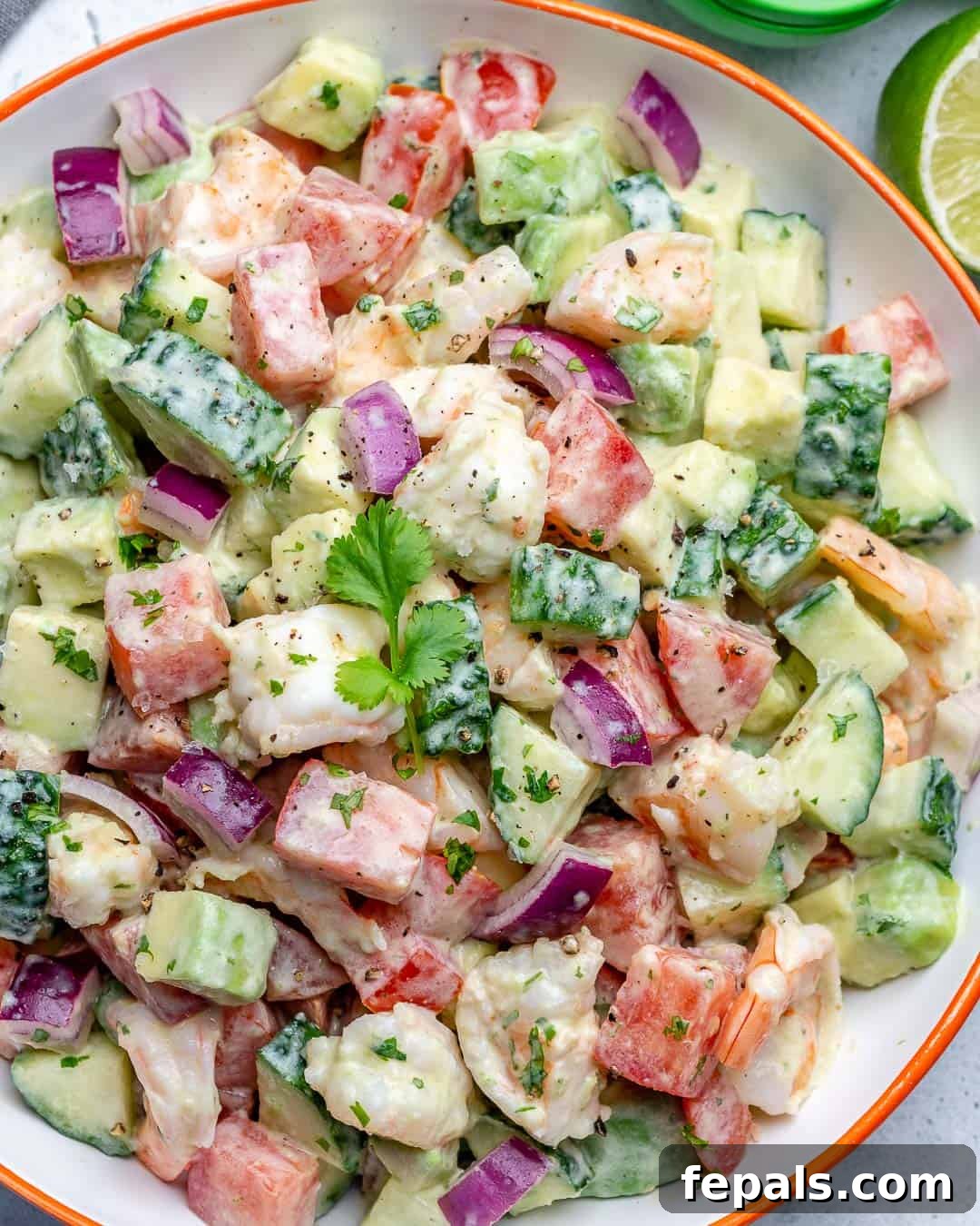 Zesty Shrimp Avocado Salad 3 close up of shrimp salad bowl