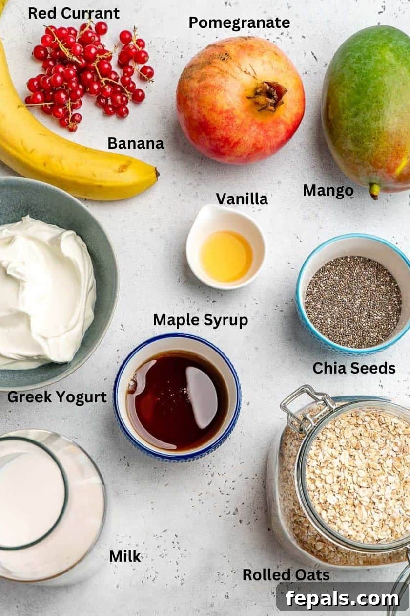 Effortless Greek Yogurt Overnight Oats 3 A curated display of ingredients essential for crafting a delicious overnight oatmeal bowl, including oats, Greek yogurt, chia seeds, and maple syrup.