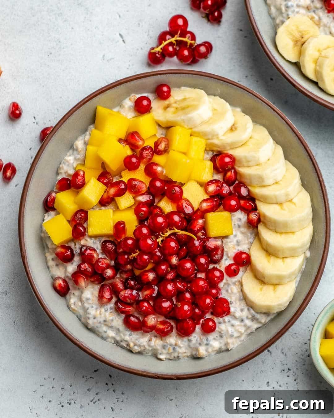 Effortless Greek Yogurt Overnight Oats 6 A beautifully presented bowl of oatmeal, garnished with fresh banana slices, diced mango, and bright red currants, ready to be enjoyed.