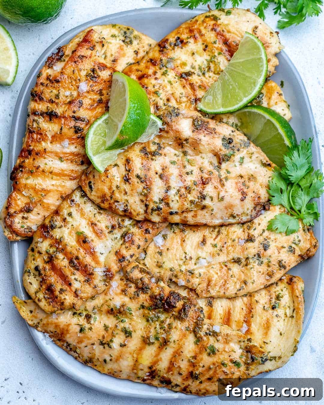 Top view of grilled chicken breast on a plate, garnished with fresh cilantro and lime wedges.