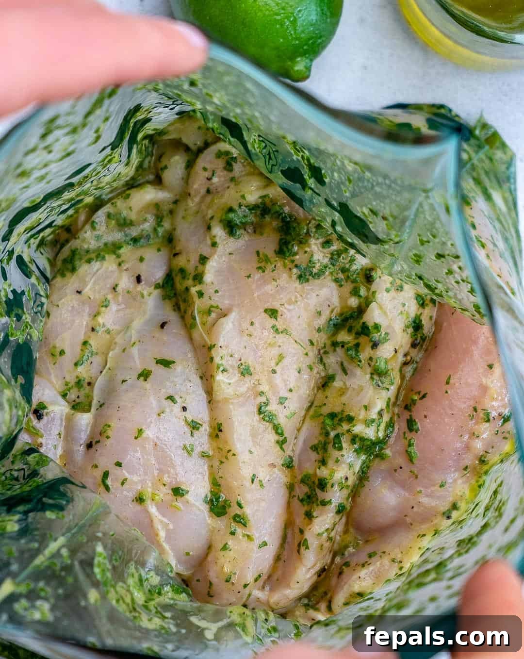Boneless, skinless chicken breasts submerged in a vibrant green cilantro lime marinade in a sealed bag.