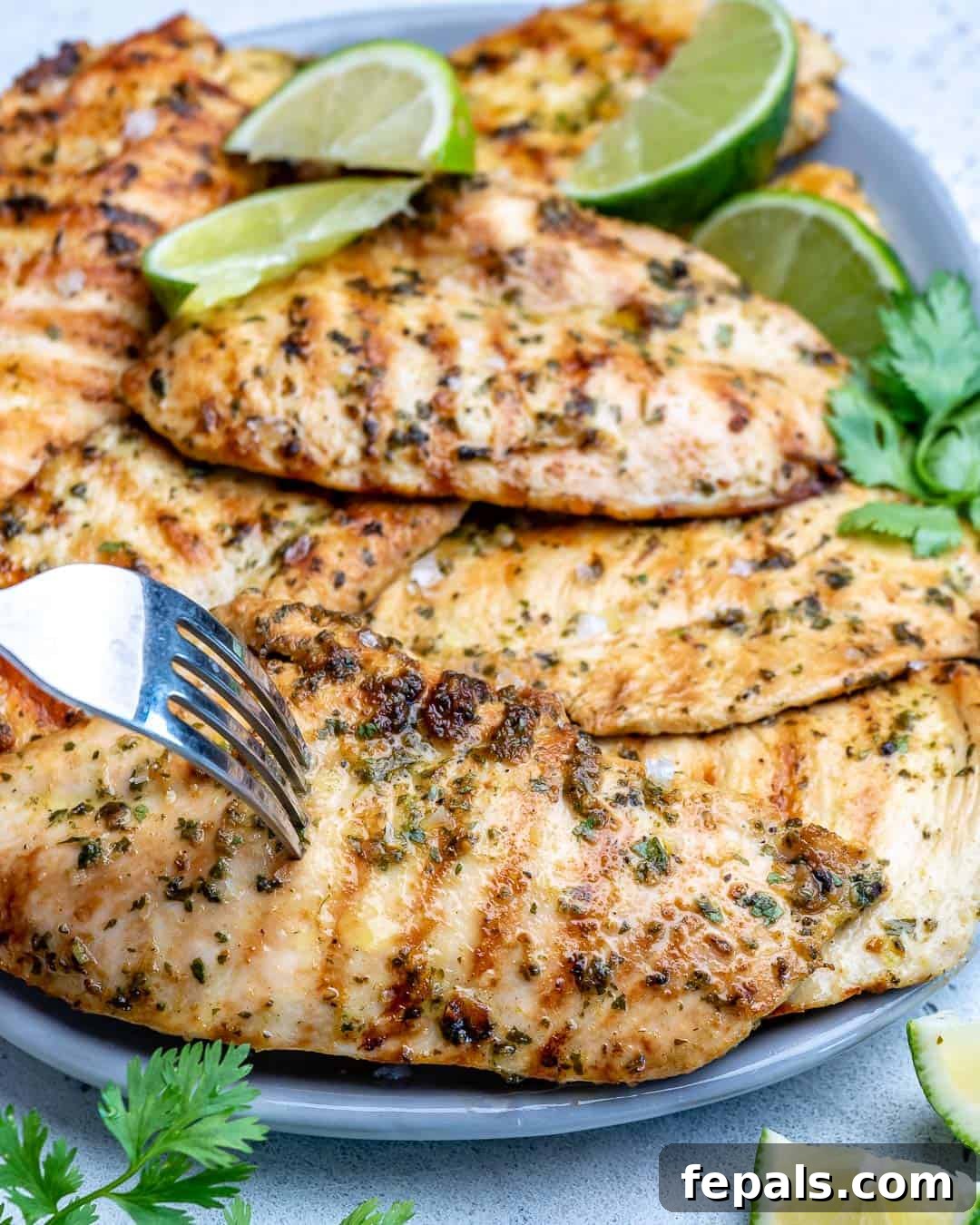 A fork piercing a piece of succulent grilled chicken breast, ready to be eaten.