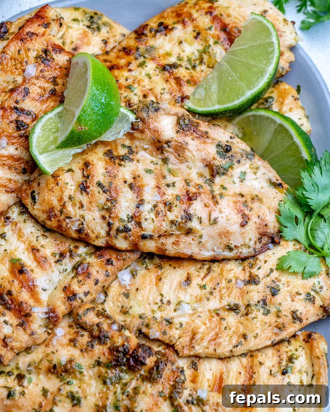 A close-up view of a perfectly cooked grilled chicken breast on a plate, garnished with fresh cilantro and lime wedges.