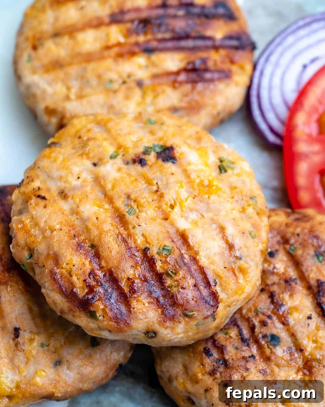 A close-up view of perfectly grilled chicken burger patties, showing delicious char marks, indicative of their readiness to be served.