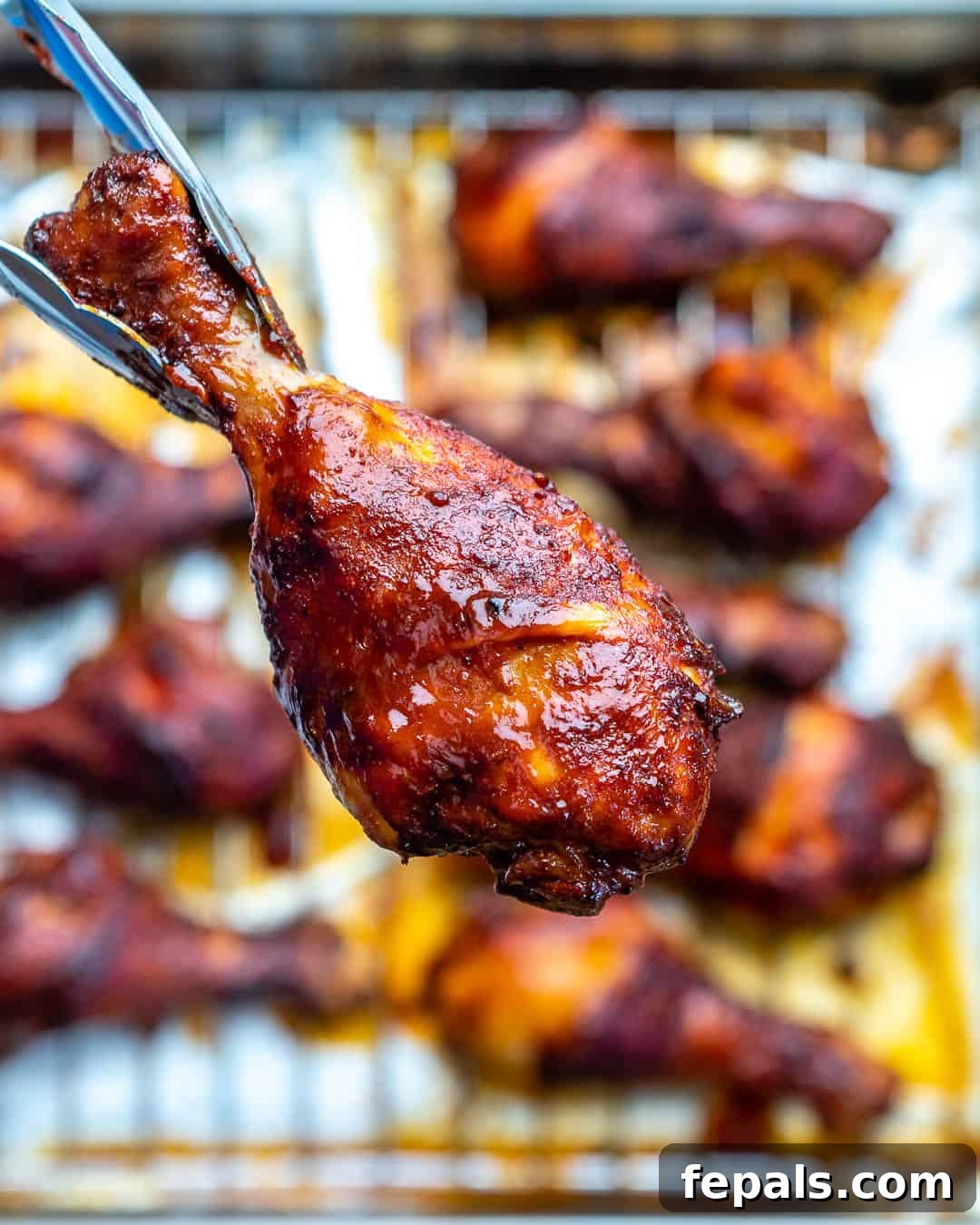 A single perfectly baked BBQ chicken drumstick held delicately with tongs, showcasing its glistening, caramelized glaze and crispy exterior against a blurred background of more drumsticks.