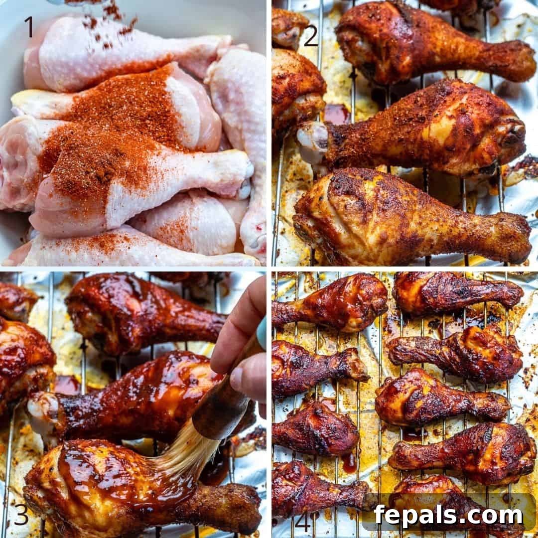 A visual collage showing the step-by-step process of preparing and baking BBQ chicken drumsticks, from seasoning to glazing.